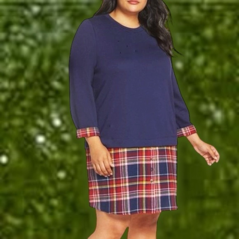 NWT Caslon Navy Blue & Plaid Layered Look Terry Tunic Length Dress Size XS